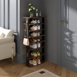 Thehotsale 8 Tier Rectangular Stable And Heavy-Duty Original Wood Color Particle Board Shoe Rack With Hooks - thumbnail 3