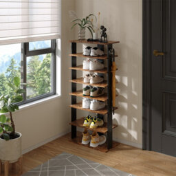 Thehotsale 8 Tier Rectangular Stable And Heavy-Duty Original Wood Color Particle Board Shoe Rack With Hooks - thumbnail 1