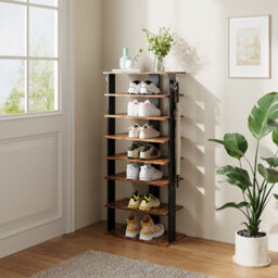Thehotsale 8 Tier Rectangular Stable And Heavy-Duty Original Wood Color Particle Board Shoe Rack With Hooks - thumbnail 2
