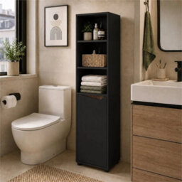 Black & Rustic Oak 140Cm 5 Tier Tall Bathroom Storage Cabinet Cupboard Slim Freestanding Tower Unit - thumbnail 1