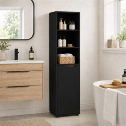 Black & Rustic Oak 140Cm 5 Tier Tall Bathroom Storage Cabinet Cupboard Slim Freestanding Tower Unit - thumbnail 3