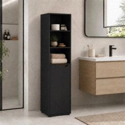 Black & Rustic Oak 140Cm 5 Tier Tall Bathroom Storage Cabinet Cupboard Slim Freestanding Tower Unit - thumbnail 4