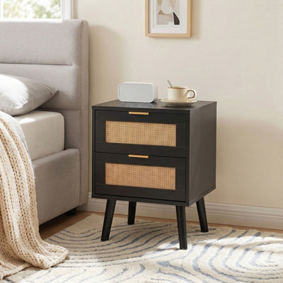 Living And Home Set Of 2 Black Rattan 2 Drawer Wooden Leg Bedroom Nightstand Side Tables - image 1
