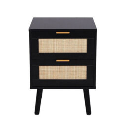 Living And Home Set Of 2 Black Rattan 2 Drawer Wooden Leg Bedroom Nightstand Side Tables - thumbnail 4