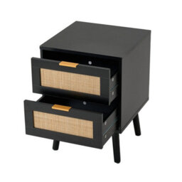 Living And Home Set Of 2 Black Rattan 2 Drawer Wooden Leg Bedroom Nightstand Side Tables - thumbnail 5