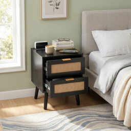 Living And Home Set Of 2 Black Rattan 2 Drawer Wooden Leg Bedroom Nightstand Side Tables - thumbnail 2