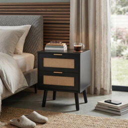 Living And Home Set Of 2 Black Rattan 2 Drawer Wooden Leg Bedroom Nightstand Side Tables - thumbnail 3