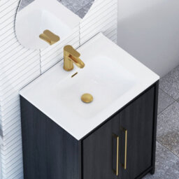 Royal Bathrooms Livora 600mm Black Woodgrain Floor Standing Bathroom Vanity Unit 2 Door With Ceramic Basin & Brushed Brass Handle - thumbnail 5