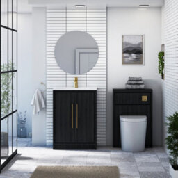 Royal Bathrooms Livora 600mm Black Woodgrain Floor Standing Bathroom Vanity Unit 2 Door With Ceramic Basin & Brushed Brass Handle - thumbnail 3