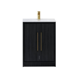Royal Bathrooms Livora 600mm Black Woodgrain Floor Standing Bathroom Vanity Unit 2 Door With Ceramic Basin & Brushed Brass Handle - thumbnail 6
