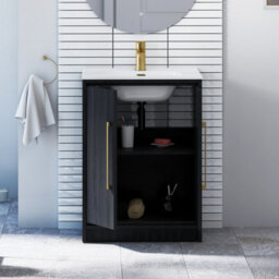 Royal Bathrooms Livora 600mm Black Woodgrain Floor Standing Bathroom Vanity Unit 2 Door With Ceramic Basin & Brushed Brass Handle - thumbnail 4
