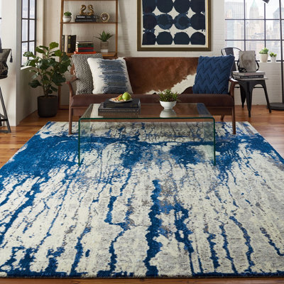Blue And White Funky Luxurious Modern Easy To Clean Abstract Viscose Wool Rug For Living Room, Bedroom - 168Cm X 244Cm