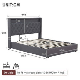 Btm 4Ft6 Double Upholstered Ottoman Bed With Hydraulic Storage Led Tufted Headboard With Charging Station Grey - thumbnail 8