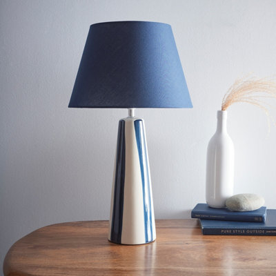 K Living Tall Ceramic Striped Table Lamps With Painted Blue Stripes And Matching Lampshades - image 1