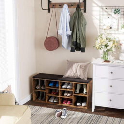 Songmics Shoe Bench, Shoe Shelf, Shoe Rack, Storage Cabinet, 10 Compartments, With Cushion, For Entryway, Rustic Brown - thumbnail 3