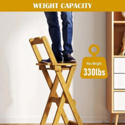 Wooden Folding Bar Stool Bamboo Kitchen Counter Height Stools With Backrest New - thumbnail 4