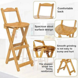 Wooden Folding Bar Stool Bamboo Kitchen Counter Height Stools With Backrest New - thumbnail 3