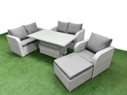 Fimous High Back Poly Rattan Garden Furniture Set Reclining Chair Loveseat Sofa Indoor Outdoor Set Big Stool Light Grey - thumbnail 1