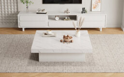 Btm Square Marble Look Coffee Table, 4 Sliding Drawers, Centre Table, 90X90X25Cm, White - thumbnail 8