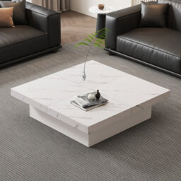 Btm Square Marble Look Coffee Table, 4 Sliding Drawers, Centre Table, 90X90X25Cm, White - thumbnail 5