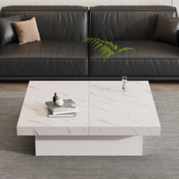 Btm Square Marble Look Coffee Table, 4 Sliding Drawers, Centre Table, 90X90X25Cm, White - thumbnail 4