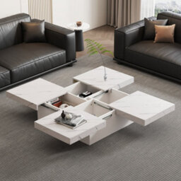 Btm Square Marble Look Coffee Table, 4 Sliding Drawers, Centre Table, 90X90X25Cm, White - thumbnail 7