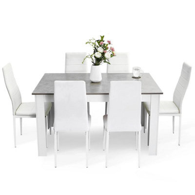 7Pcs Dining Set Grey Table 6 White High Back Faux Leather Chairs Kitchen - image 1