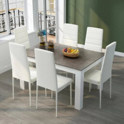 7Pcs Dining Set Grey Table 6 White High Back Faux Leather Chairs Kitchen - thumbnail 4
