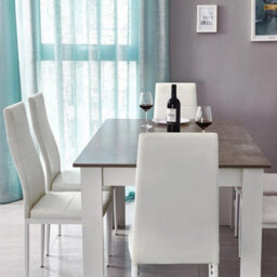 7Pcs Dining Set Grey Table 6 White High Back Faux Leather Chairs Kitchen - thumbnail 5