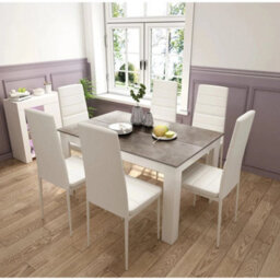 7Pcs Dining Set Grey Table 6 White High Back Faux Leather Chairs Kitchen - thumbnail 3