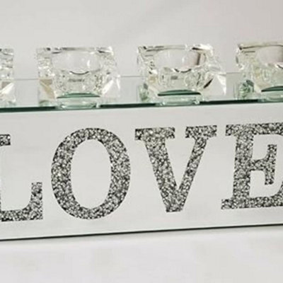 Biznest Silver Sparkle Ornament Bling Crushed Diamond Love Clear Glass Tea Light Candle Holder Stand For Home Garden Wall