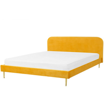 Beliani Bed Velvet Flayat 180 X 200 Cm (Eu Super King) Yellow - image 1