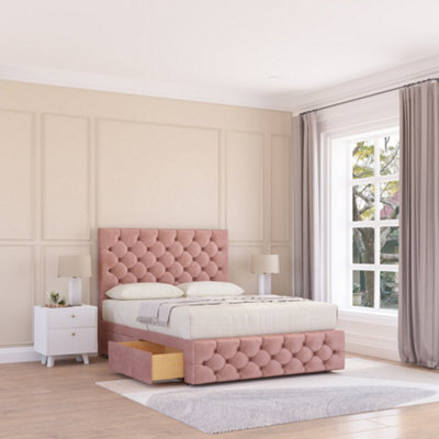"Sloomy 4Ft Watson Divan Bed Base Pink Plush ,no Drawers, 12"" Footboard & 54"" Floor Standing Headboard - Small Double" - image 1