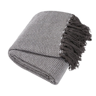 Ehc Wave Large Cotton Throw With Tassels Perfect Layer For Sofa, Bed, Armchair And Couch 150 X 200 Cm, Grey - image 1