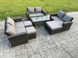 Fimous Outdoor U Shape Sofa Set Wicker Pe Rattan Garden Furniture Set With Coffee Table Double Seat Sofa 3 Footstools - thumbnail 2