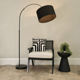 Valuelights Louis Black Arched Curved Floor Lamp With Black Fabric Drum Lamp Shade And Led Bulb
