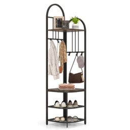 Costway 180Cm Tall Corner Hall Tree 4-Tier Coat Rack Entryway Shoes Shelf Organizer Rustic Brown - thumbnail 2