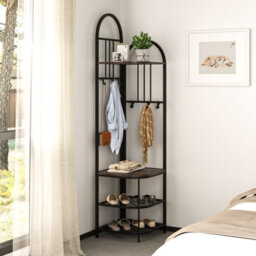 Costway 180Cm Tall Corner Hall Tree 4-Tier Coat Rack Entryway Shoes Shelf Organizer Rustic Brown - thumbnail 4