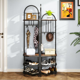Costway 180Cm Tall Corner Hall Tree 4-Tier Coat Rack Entryway Shoes Shelf Organizer Rustic Brown - thumbnail 5