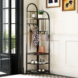 Costway 180Cm Tall Corner Hall Tree 4-Tier Coat Rack Entryway Shoes Shelf Organizer Rustic Brown - thumbnail 1