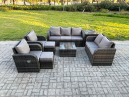Fimous 9 Seater Garden Furniture Set Rattan Outdoor Lounge Sofa Chair With Tempered Glass Table Side Table 2 Small Footstools - thumbnail 2
