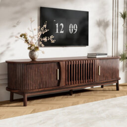 Btm Tv Stand With Sliding Doors Oval Tv Cabinet Storage Entertainment Unit For Living Room Bedroom - thumbnail 4