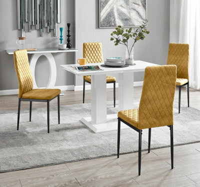 Furniturebox Uk 4 Seater Dining Set - Imperia White High Gloss Dining Table And Chairs - 4 Mustard Velvet Milan Black Leg Chairs - image 1