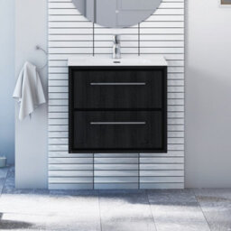 Royal Bathrooms Livora 600mm Black Woodgrain Wall Hung Bathroom Vanity Unit 2 Drawer Storage Cabinet With Ceramic Basin