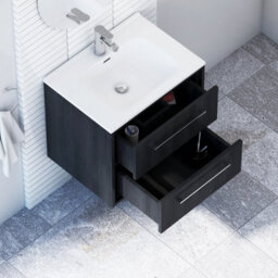 Royal Bathrooms Livora 600mm Black Woodgrain Wall Hung Bathroom Vanity Unit 2 Drawer Storage Cabinet With Ceramic Basin - thumbnail 4