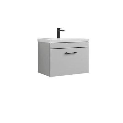 Rio 1 Drawer Wall Hung Vanity Basin Unit - 600mm - Gloss Grey Mist With Black D Handle (Tap Not Included) - Balterley - image 1