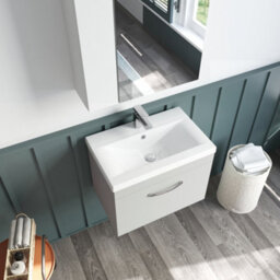 Rio 1 Drawer Wall Hung Vanity Basin Unit - 600mm - Gloss Grey Mist With Black D Handle (Tap Not Included) - Balterley - thumbnail 5