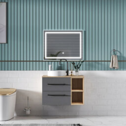 Sline 790mm Wall-Hung Bathroom Vanity Unit With 2 Soft Close Drawers For Storage,ceramic Basin, Oak, Anthracite, Flat Packed - thumbnail 7