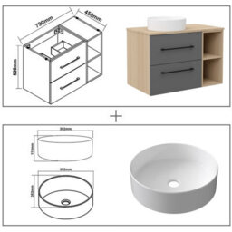 Sline 790mm Wall-Hung Bathroom Vanity Unit With 2 Soft Close Drawers For Storage,ceramic Basin, Oak, Anthracite, Flat Packed - thumbnail 2