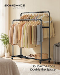 LEDREM Clothes Rack, Garment Rack On Wheels, Coat Rack, 2 Lockable Wheels, Bedroom, Double Rods, Holds Up To 90 Kg,ink Black - thumbnail 1